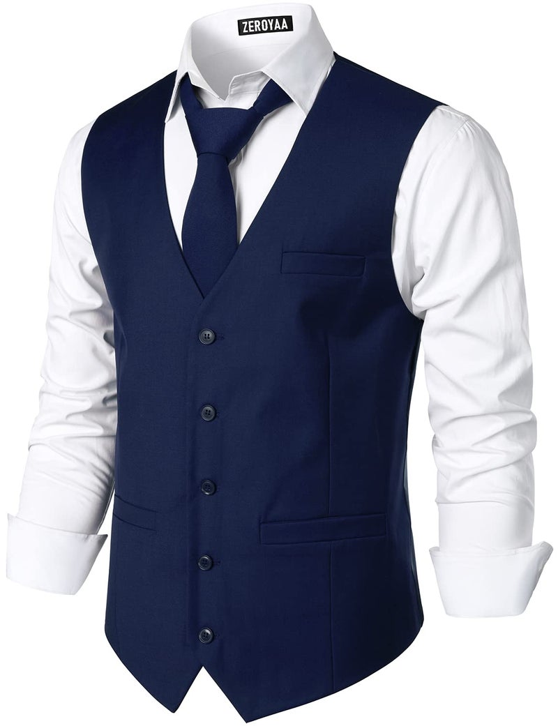 ZEROYAA Men's Hipster Urban Design 3 Pockets Business Formal Dress Vest for Suit Tuxedo ZLSV16 Navy X-Large - Image 2